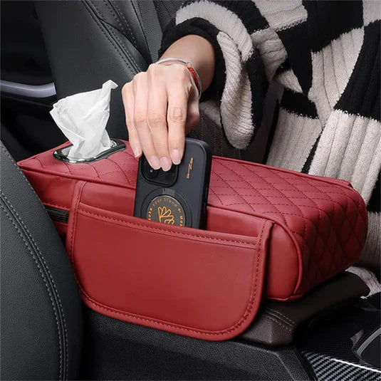 Boîte d'accoudoir de voiture en cuir avec 2 poches de rangement