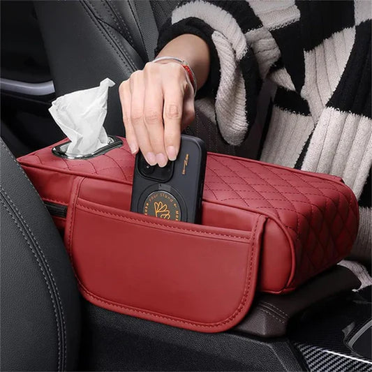Boîte d'accoudoir de voiture en cuir avec 2 poches de rangement