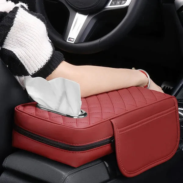 Boîte d'accoudoir de voiture en cuir avec 2 poches de rangement